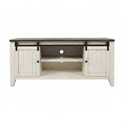 Distressed Pine Farmhouse TV Stand with Barn Doors and 6 Drawers, White
