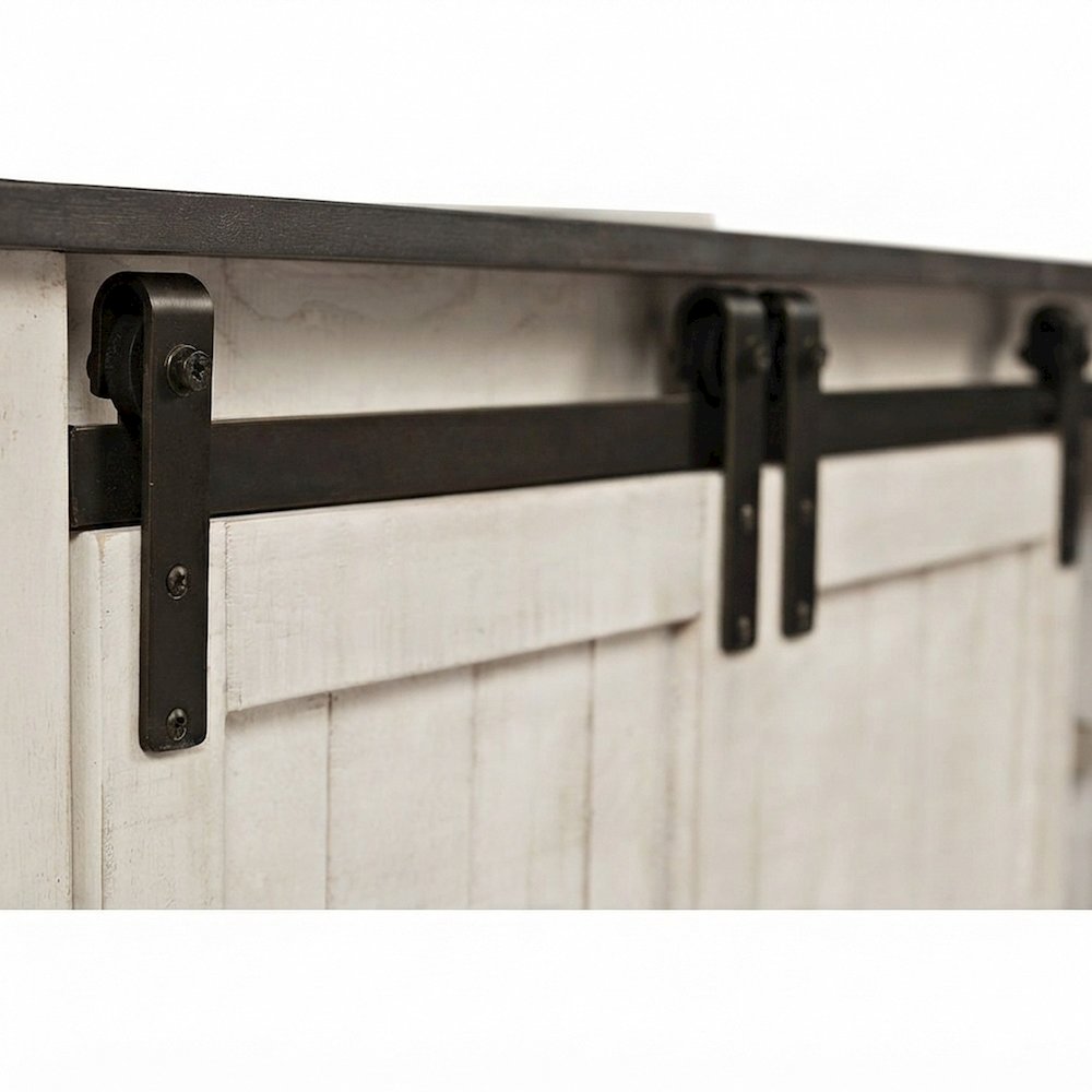 Distressed Pine Farmhouse TV Stand with Barn Doors and 6 Drawers, White