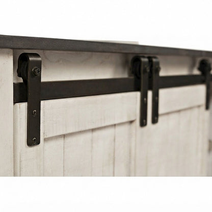 Distressed Pine Farmhouse TV Stand with Barn Doors and 6 Drawers, White