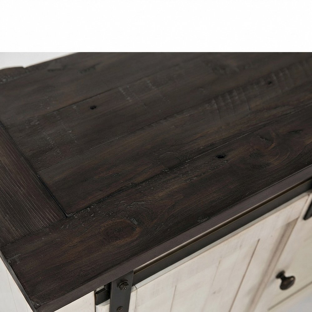 Distressed Pine Farmhouse TV Stand with Barn Doors and 6 Drawers, White