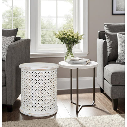 Elegant White Distressed Hardwood Drum End Table for Contemporary Spaces