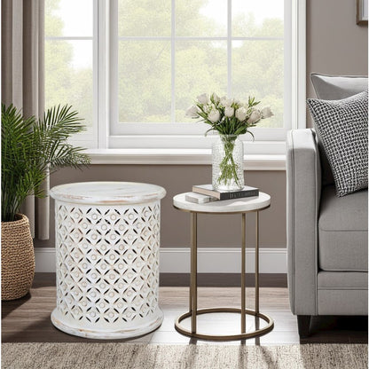 Elegant White Distressed Hardwood Drum End Table for Contemporary Spaces
