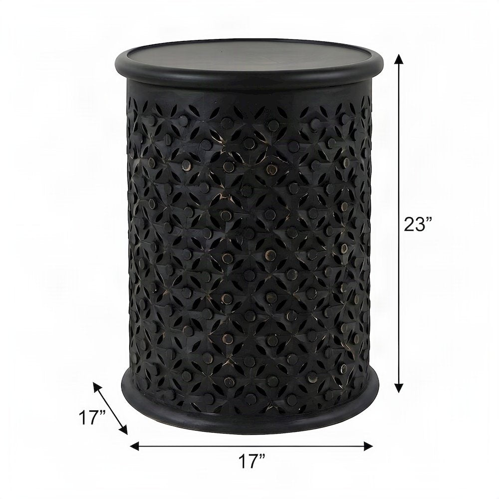 Mango Wood Rustic Round Drum End Table with Distressed Finish, Antique Black