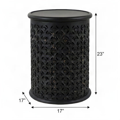 Mango Wood Rustic Round Drum End Table with Distressed Finish, Antique Black