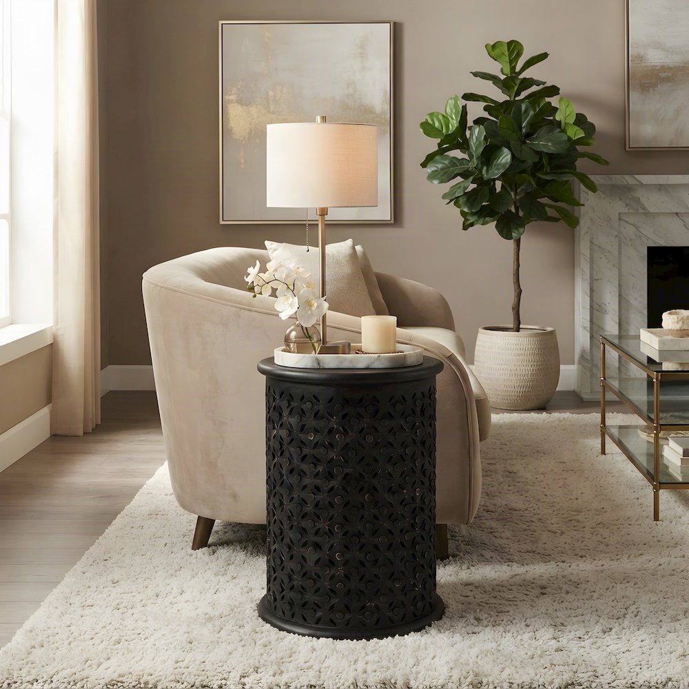 Mango Wood Rustic Round Drum End Table with Distressed Finish, Antique Black