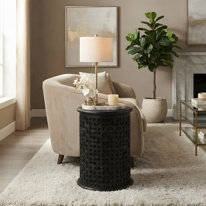 Mango Wood Rustic Round Drum End Table with Distressed Finish, Antique Black