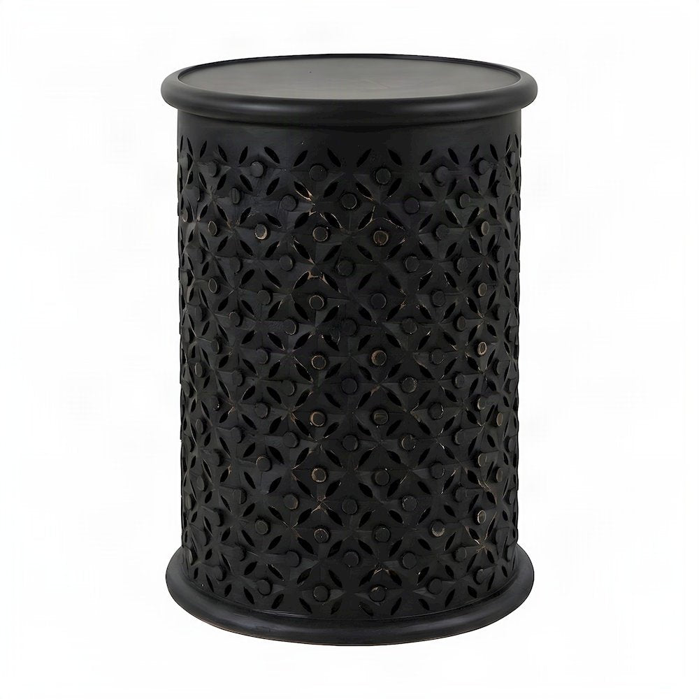 Mango Wood Rustic Round Drum End Table with Distressed Finish, Antique Black