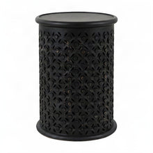 Mango Wood Rustic Round Drum End Table with Distressed Finish, Antique Black
