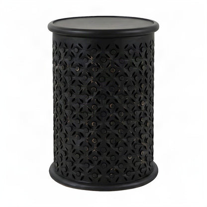 Mango Wood Rustic Round Drum End Table with Distressed Finish, Antique Black