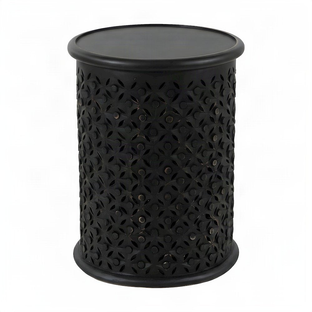 Mango Wood Rustic Round Drum End Table with Distressed Finish, Antique Black