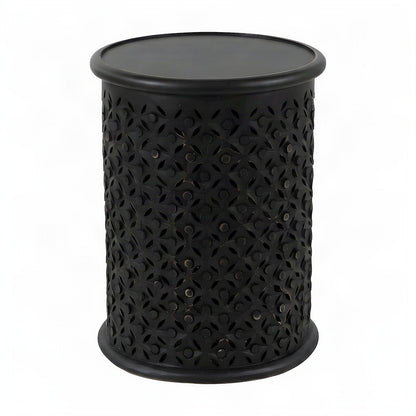Mango Wood Rustic Round Drum End Table with Distressed Finish, Antique Black