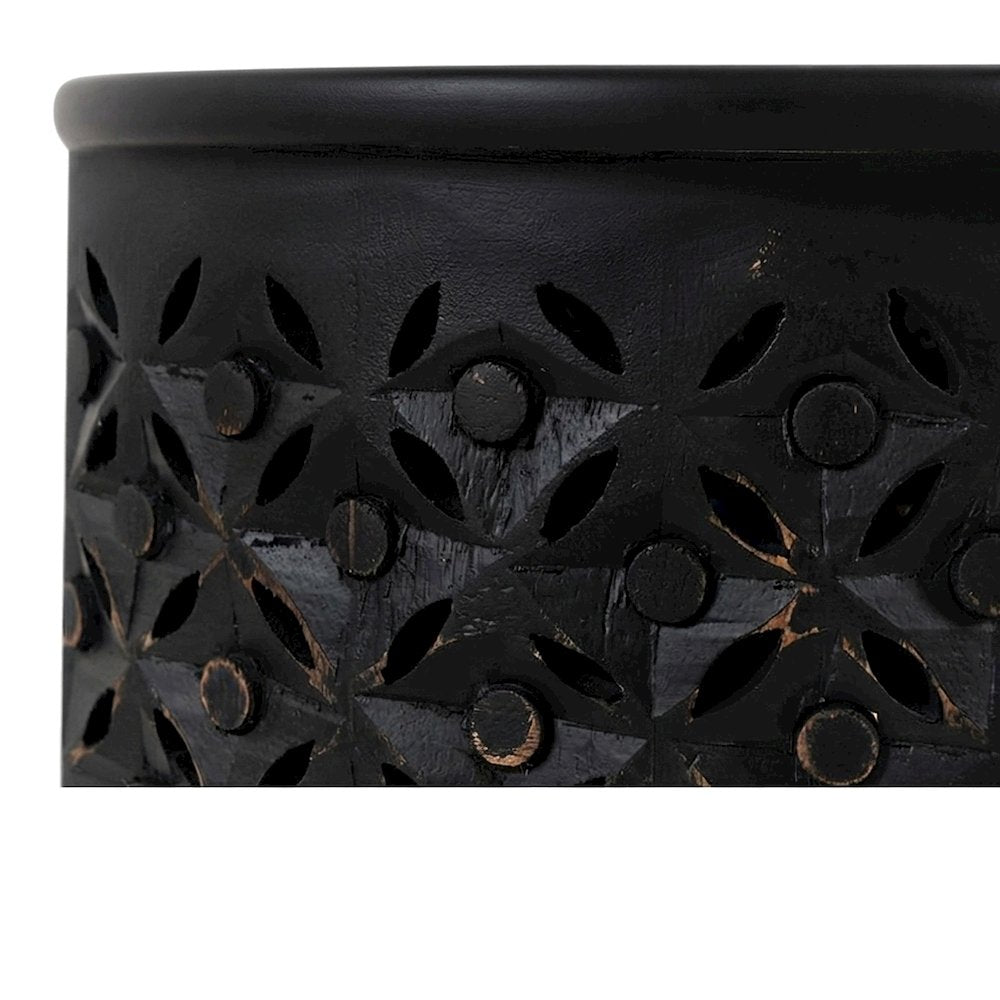 Mango Wood Rustic Round Drum End Table with Distressed Finish, Antique Black