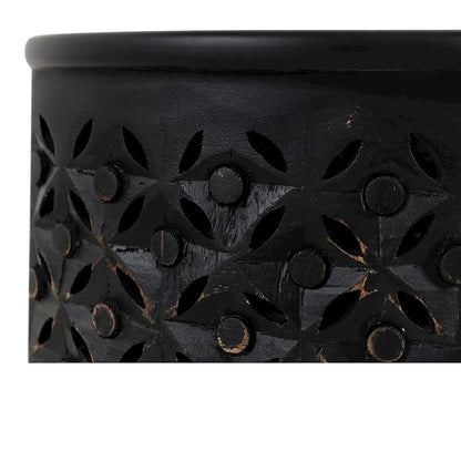 Mango Wood Rustic Round Drum End Table with Distressed Finish, Antique Black