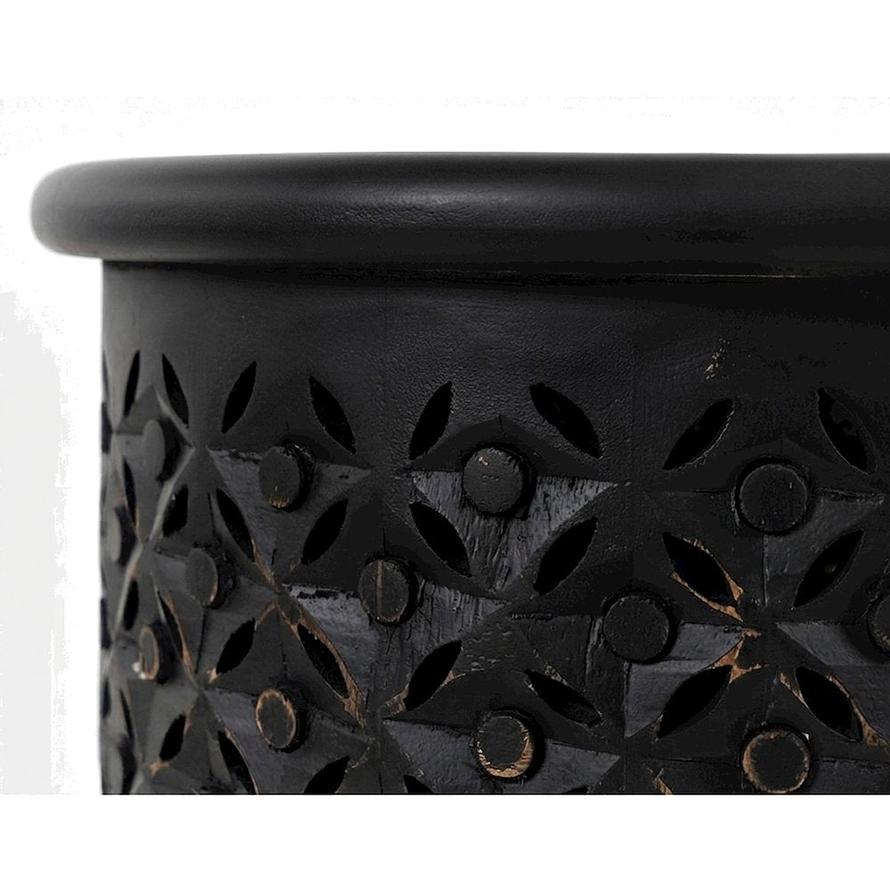 Mango Wood Rustic Round Drum End Table with Distressed Finish, Antique Black