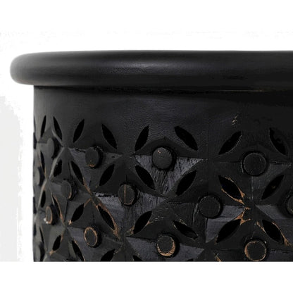 Mango Wood Rustic Round Drum End Table with Distressed Finish, Antique Black