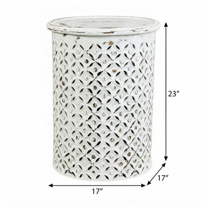 Solid Mango Wood Round Drum End Table with Distressed Finish, Antique White