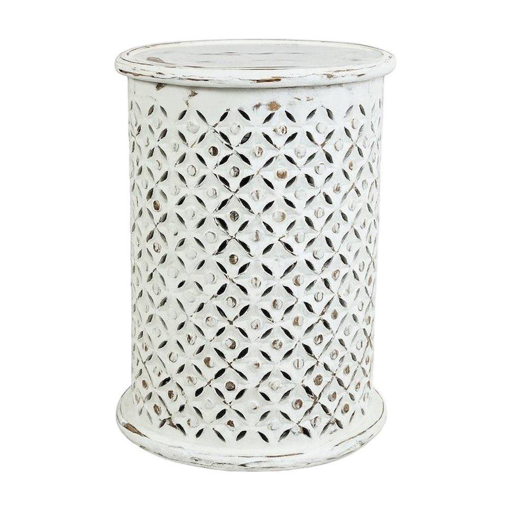Solid Mango Wood Round Drum End Table with Distressed Finish, Antique White