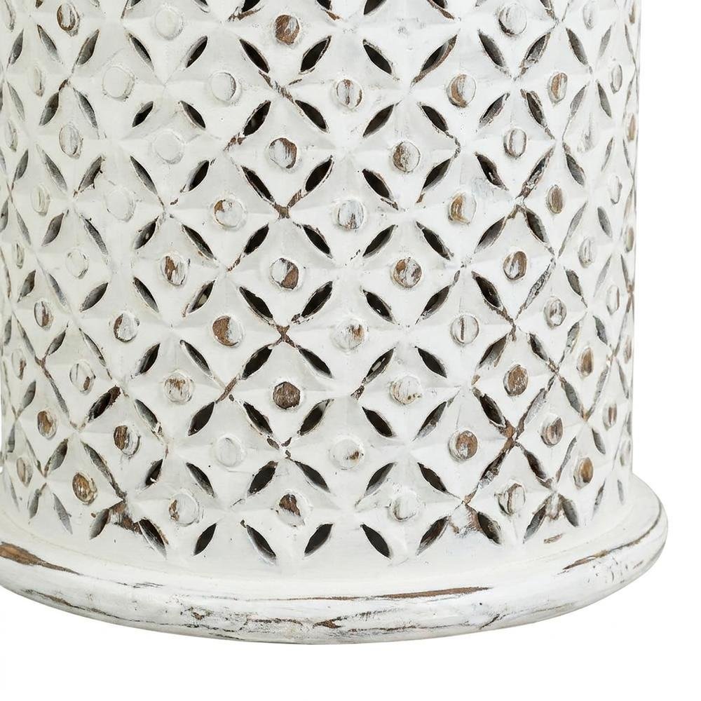 Solid Mango Wood Round Drum End Table with Distressed Finish, Antique White