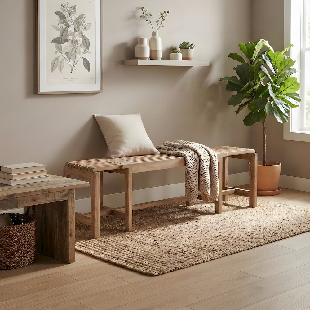 Solid Mango Hardwood Entryway Bench with Distressed Mid-Century Finish, Buff