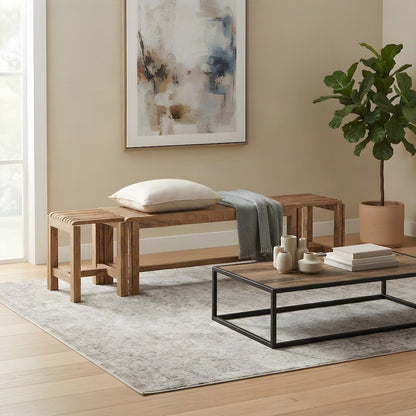 Solid Mango Hardwood Entryway Bench with Distressed Mid-Century Finish, Buff