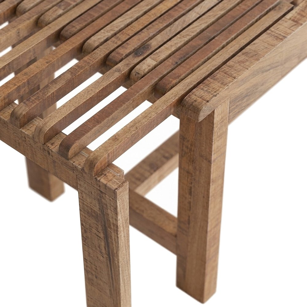 Solid Mango Hardwood Entryway Bench with Distressed Mid-Century Finish, Buff