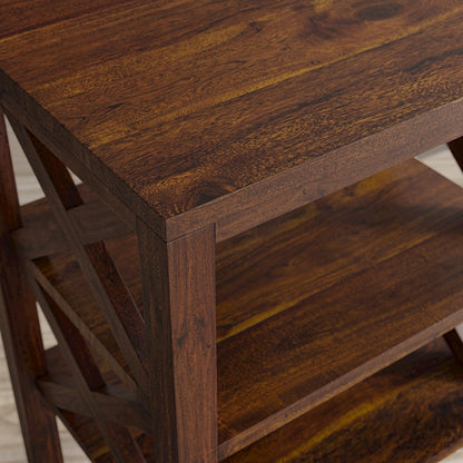 Global Archive Solid Wood Rustic Modern X-Side Accent Table with Two Shelves