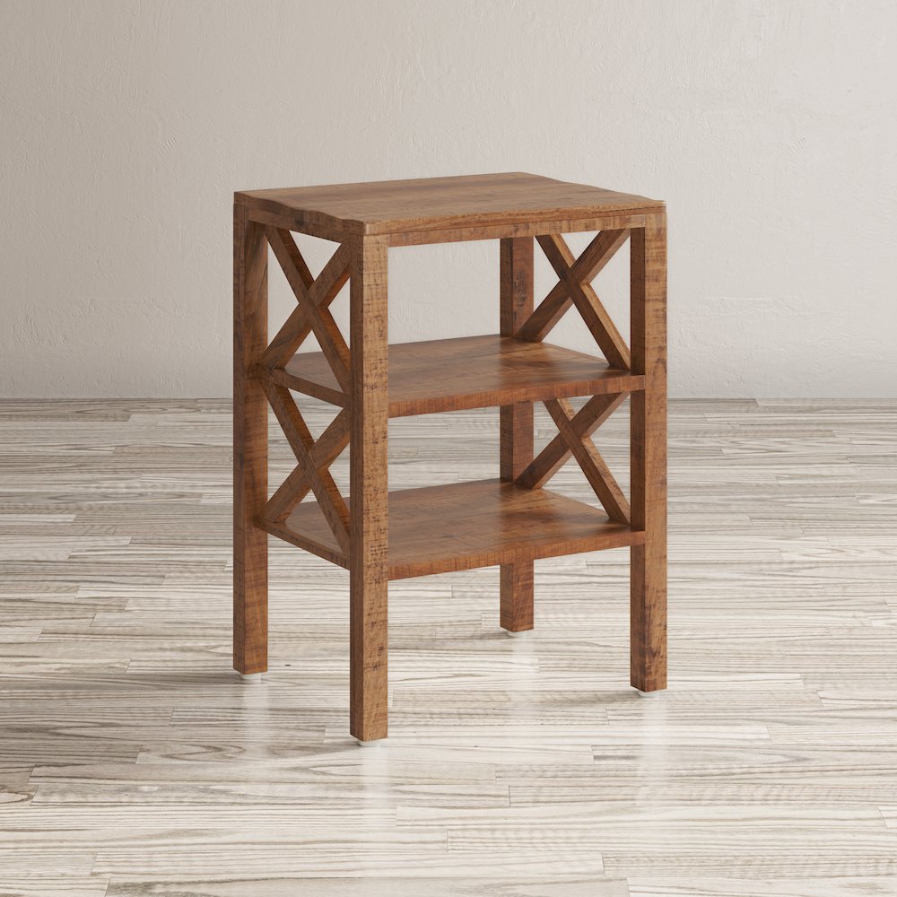 Global Archive Solid Wood Rustic Modern X-Side Accent Bookcase with Two Shelves