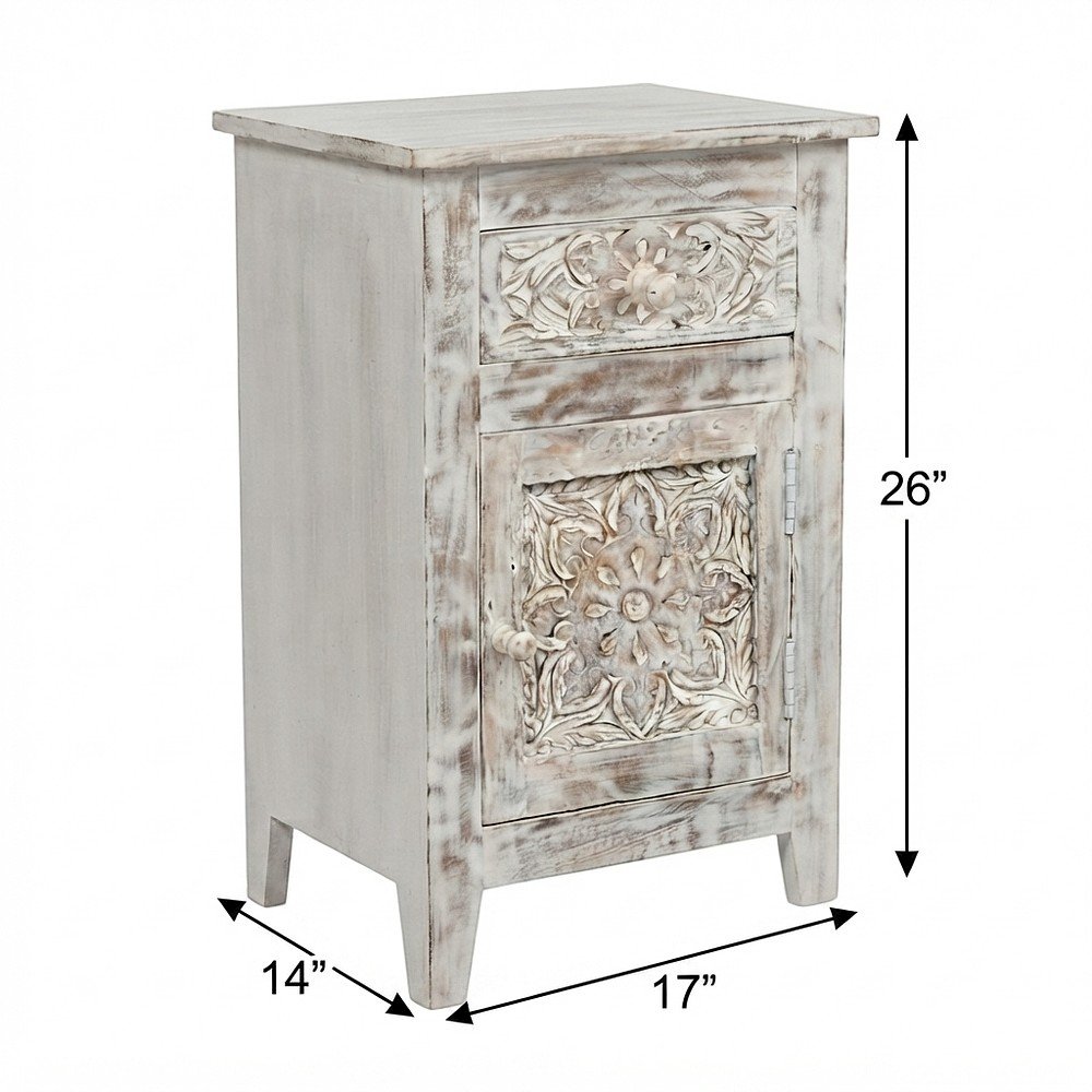 Hand-Carved Mango Wood End Table with Drawer, Door, Distressed, Weathered White