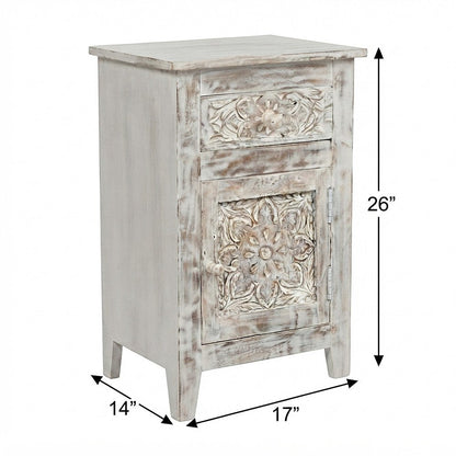 Hand-Carved Mango Wood End Table with Drawer, Door, Distressed, Weathered White