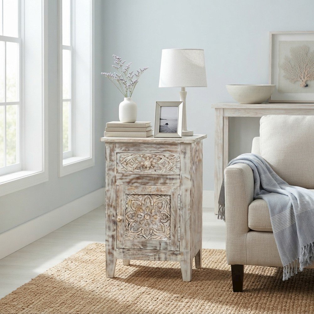 Hand-Carved Mango Wood End Table with Drawer, Door, Distressed, Weathered White