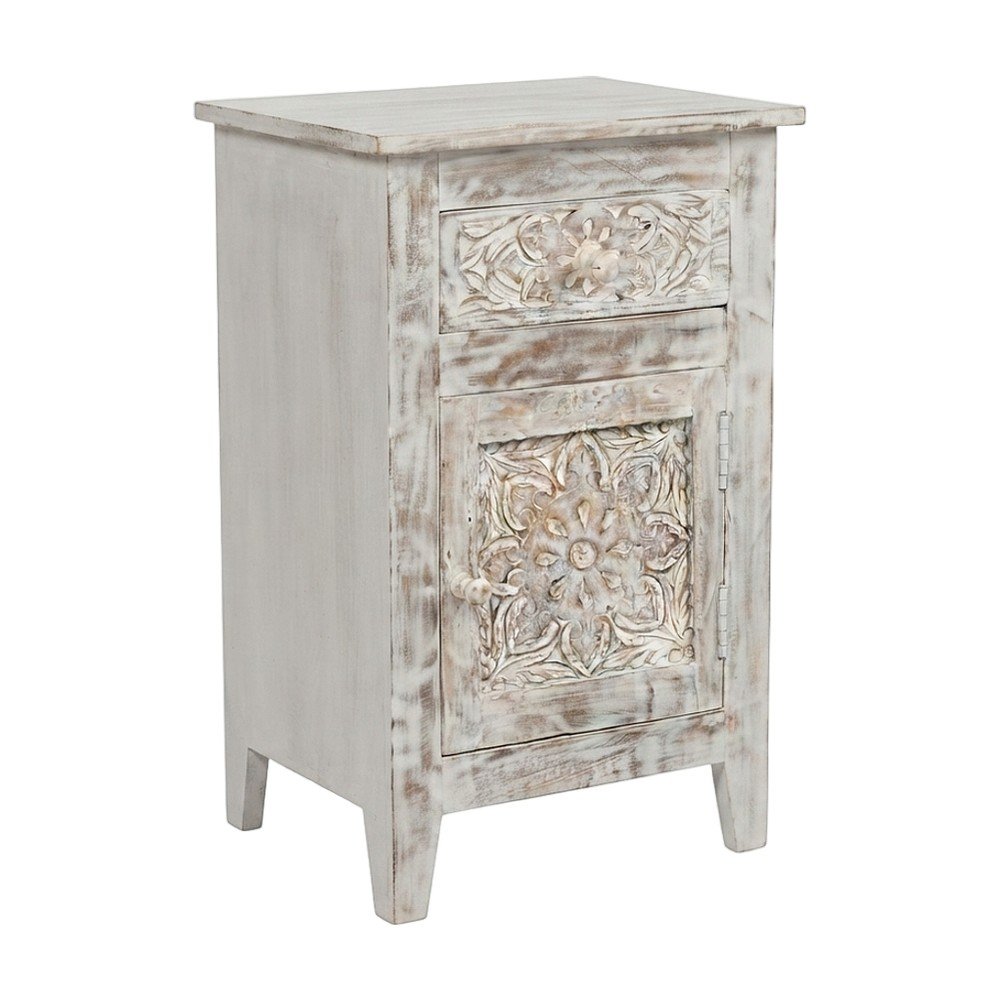 Hand-Carved Mango Wood End Table with Drawer, Door, Distressed, Weathered White
