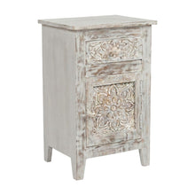 Hand-Carved Mango Wood End Table with Drawer, Door, Distressed, Weathered White