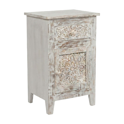 Hand-Carved Mango Wood End Table with Drawer, Door, Distressed, Weathered White