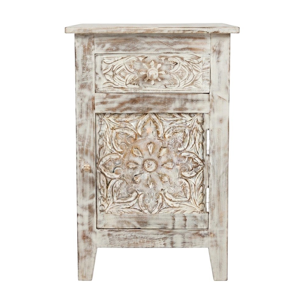 Hand-Carved Mango Wood End Table with Drawer, Door, Distressed, Weathered White