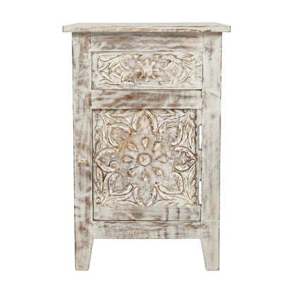 Hand-Carved Mango Wood End Table with Drawer, Door, Distressed, Weathered White