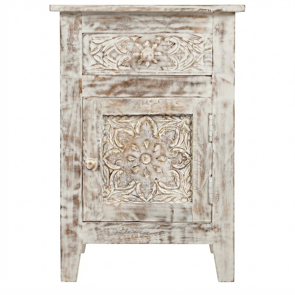Hand-Carved Mango Wood End Table with Drawer, Door, Distressed, Weathered White