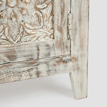 Hand-Carved Mango Wood End Table with Drawer, Door, Distressed, Weathered White