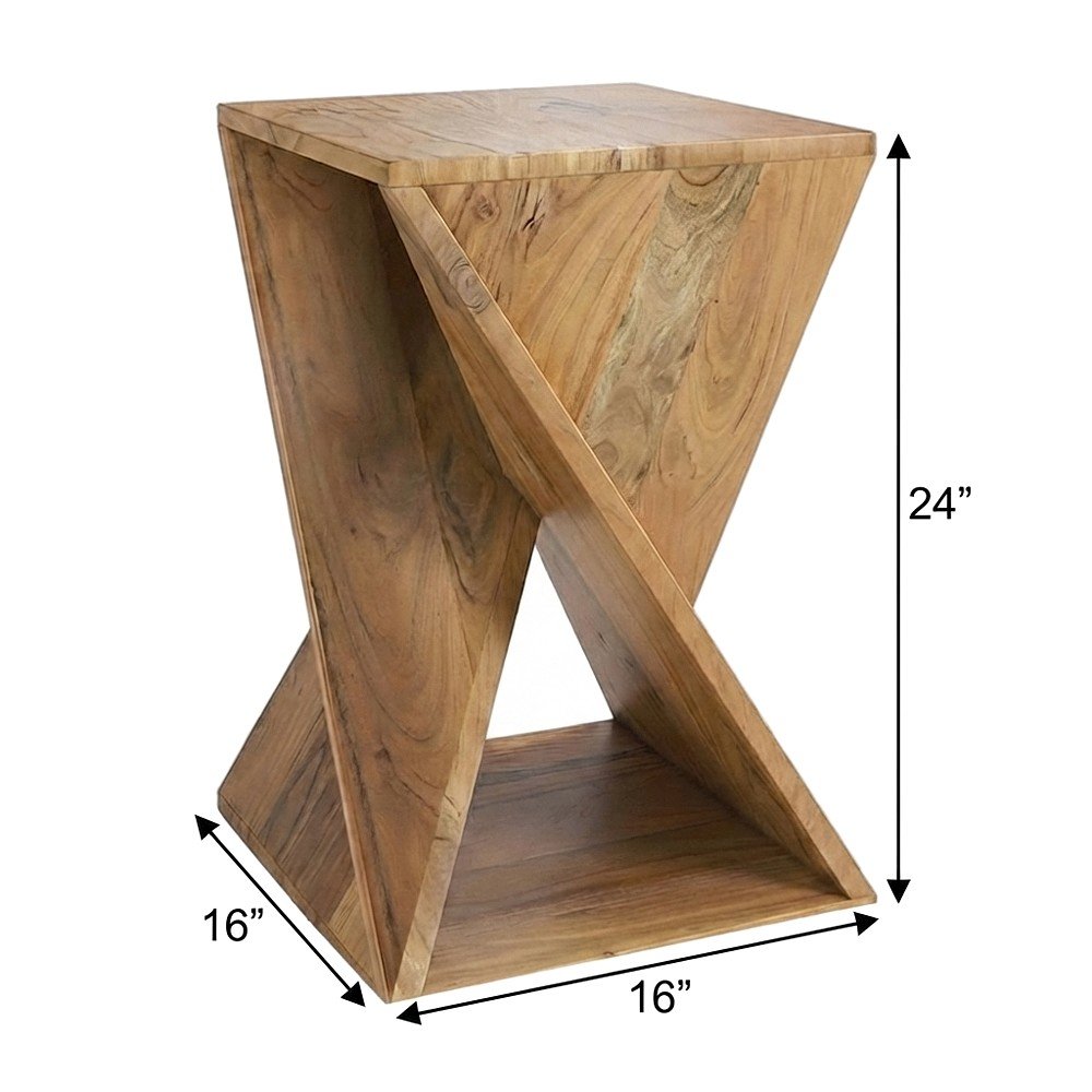 Solid Mango Hardwood Modern Angled End Table, Distressed Finish, Natural