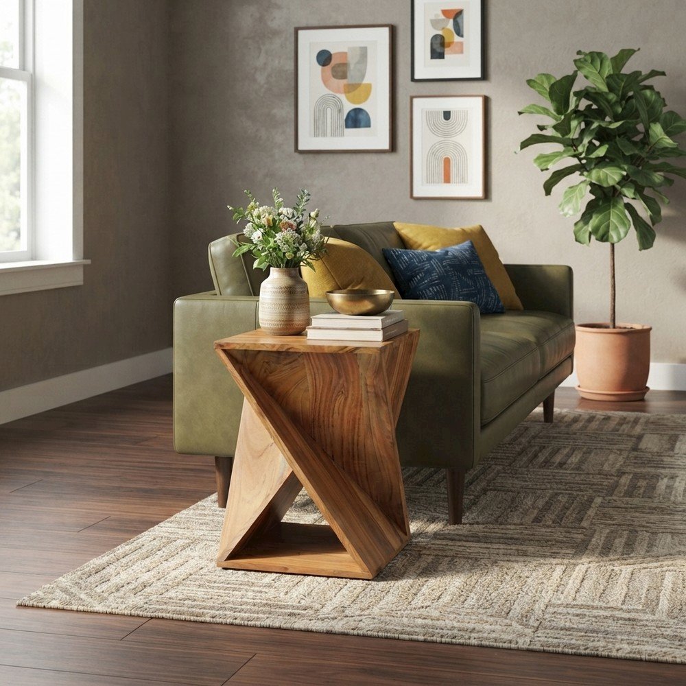 Solid Mango Hardwood Modern Angled End Table, Distressed Finish, Natural