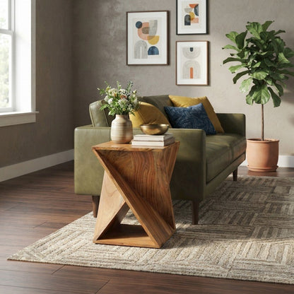 Solid Mango Hardwood Modern Angled End Table, Distressed Finish, Natural