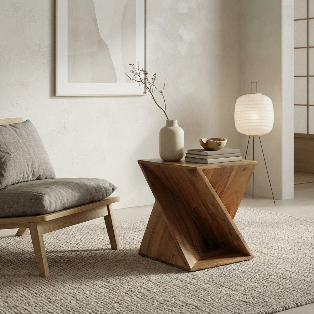 Solid Mango Hardwood Modern Angled End Table, Distressed Finish, Natural