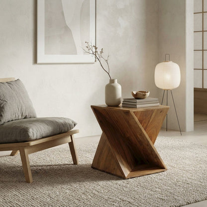 Solid Mango Hardwood Modern Angled End Table, Distressed Finish, Natural