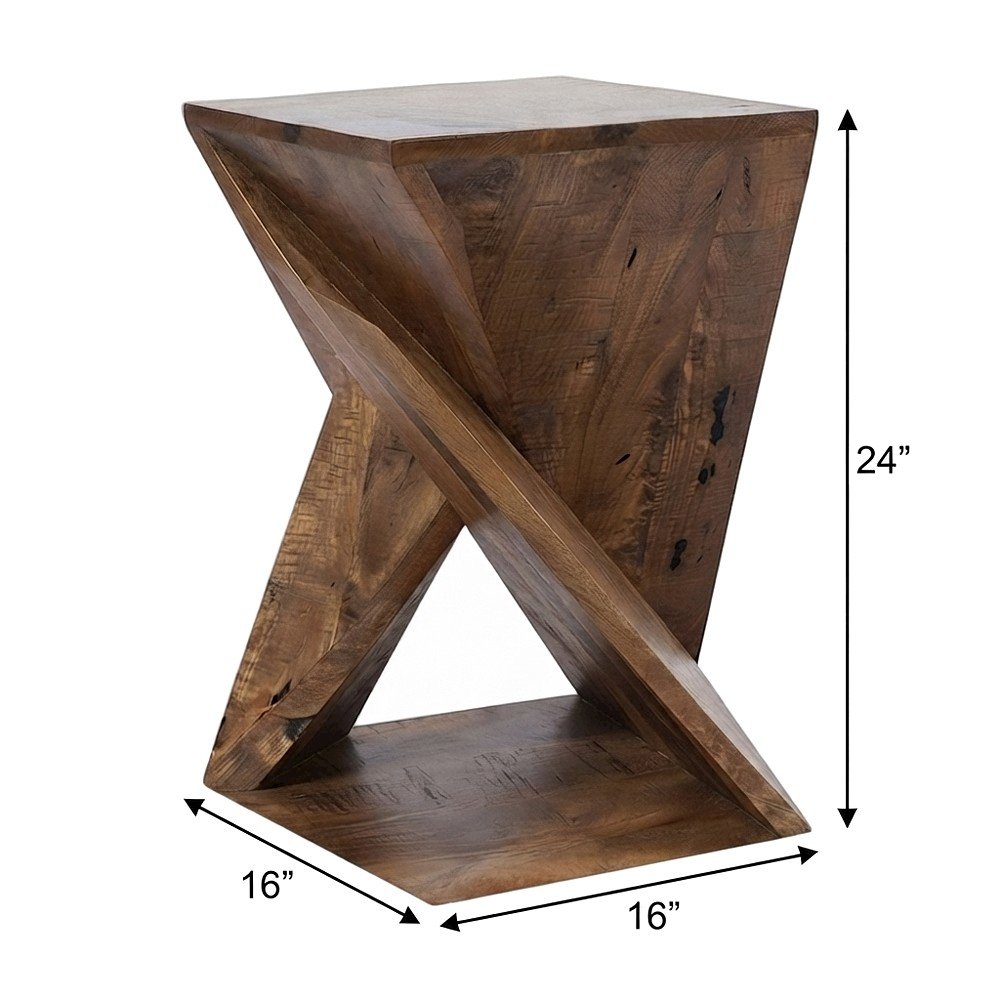 Solid Mango Hardwood Modern Angled End Table, Distressed Finish, Amber