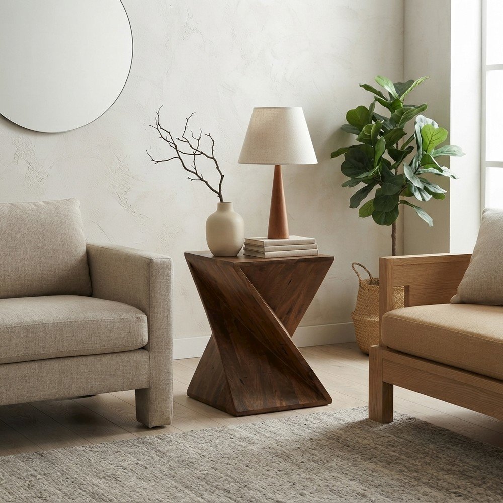 Solid Mango Hardwood Modern Angled End Table, Distressed Finish, Amber