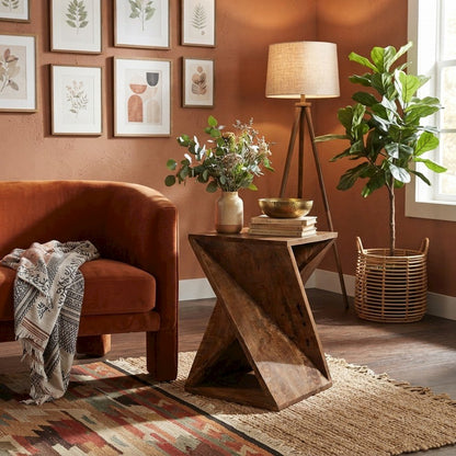 Solid Mango Hardwood Modern Angled End Table, Distressed Finish, Amber