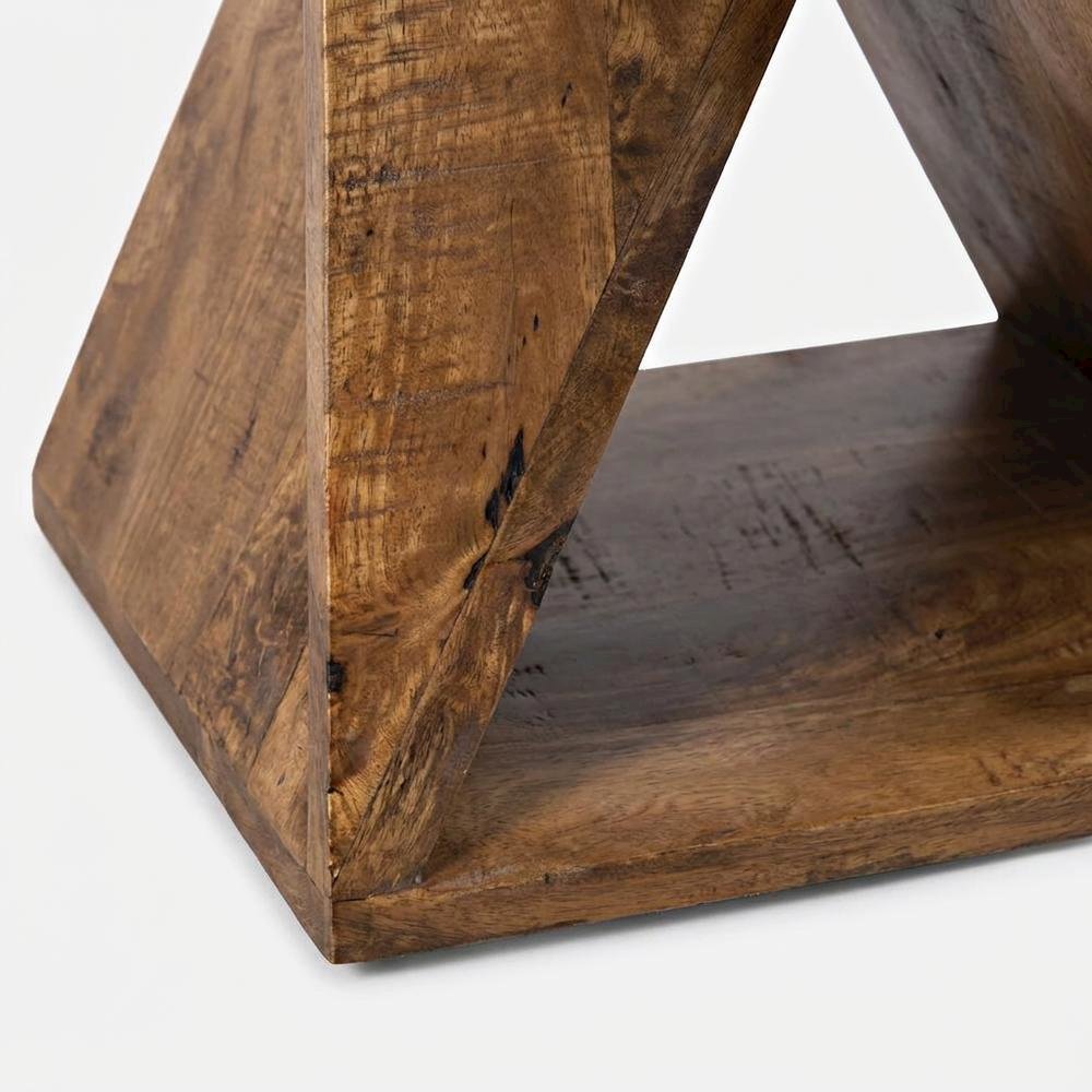 Solid Mango Hardwood Modern Angled End Table, Distressed Finish, Amber
