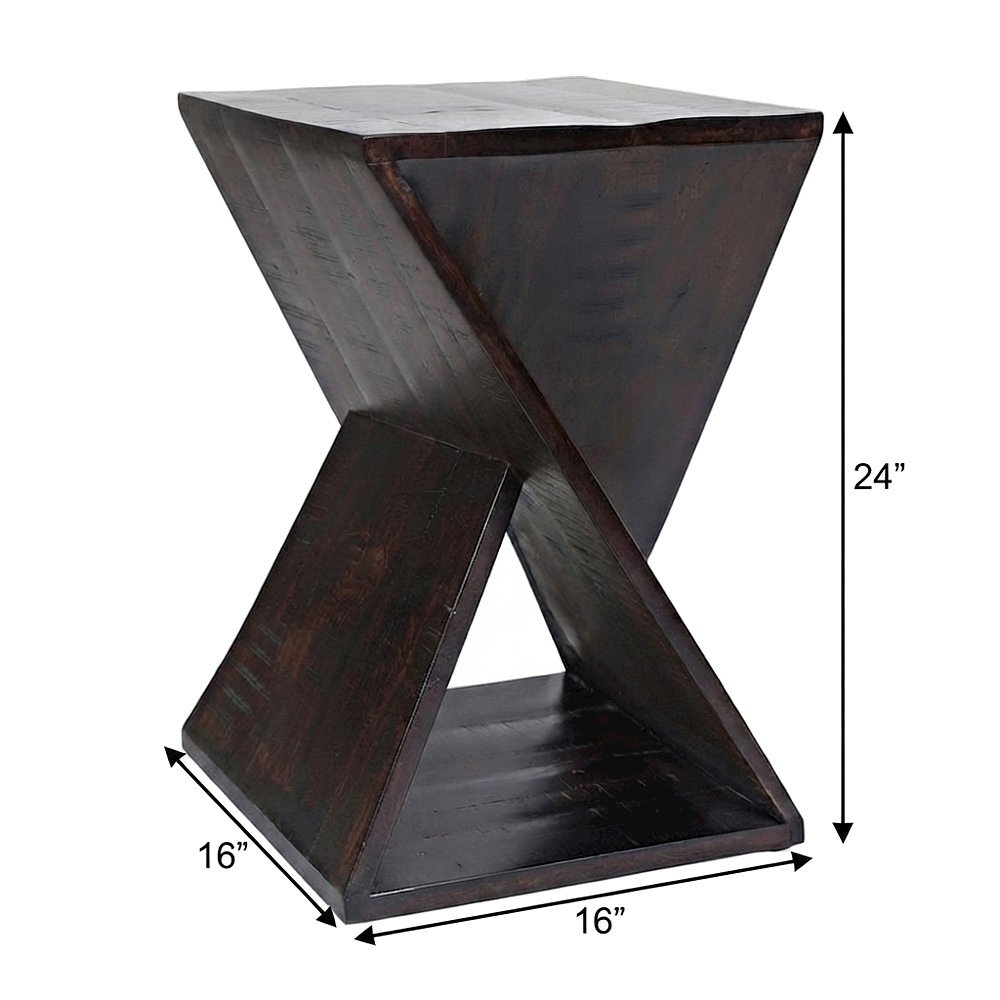 Solid Mango Hardwood Modern Angled End Table, Distressed Finish, Espresso