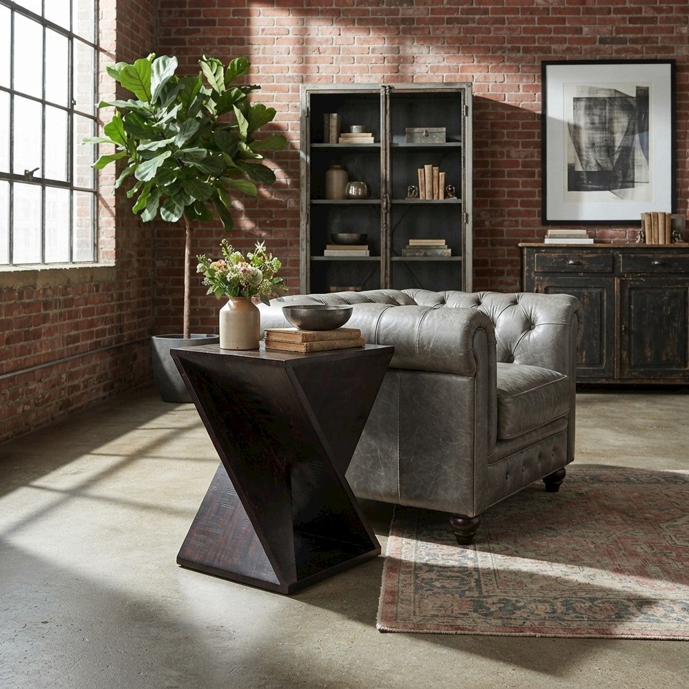 Solid Mango Hardwood Modern Angled End Table, Distressed Finish, Espresso