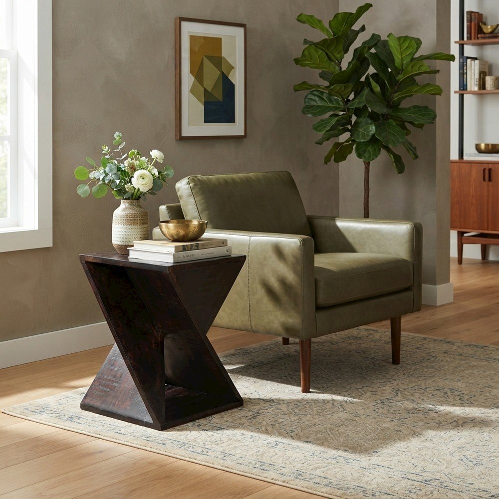 Solid Mango Hardwood Modern Angled End Table, Distressed Finish, Espresso