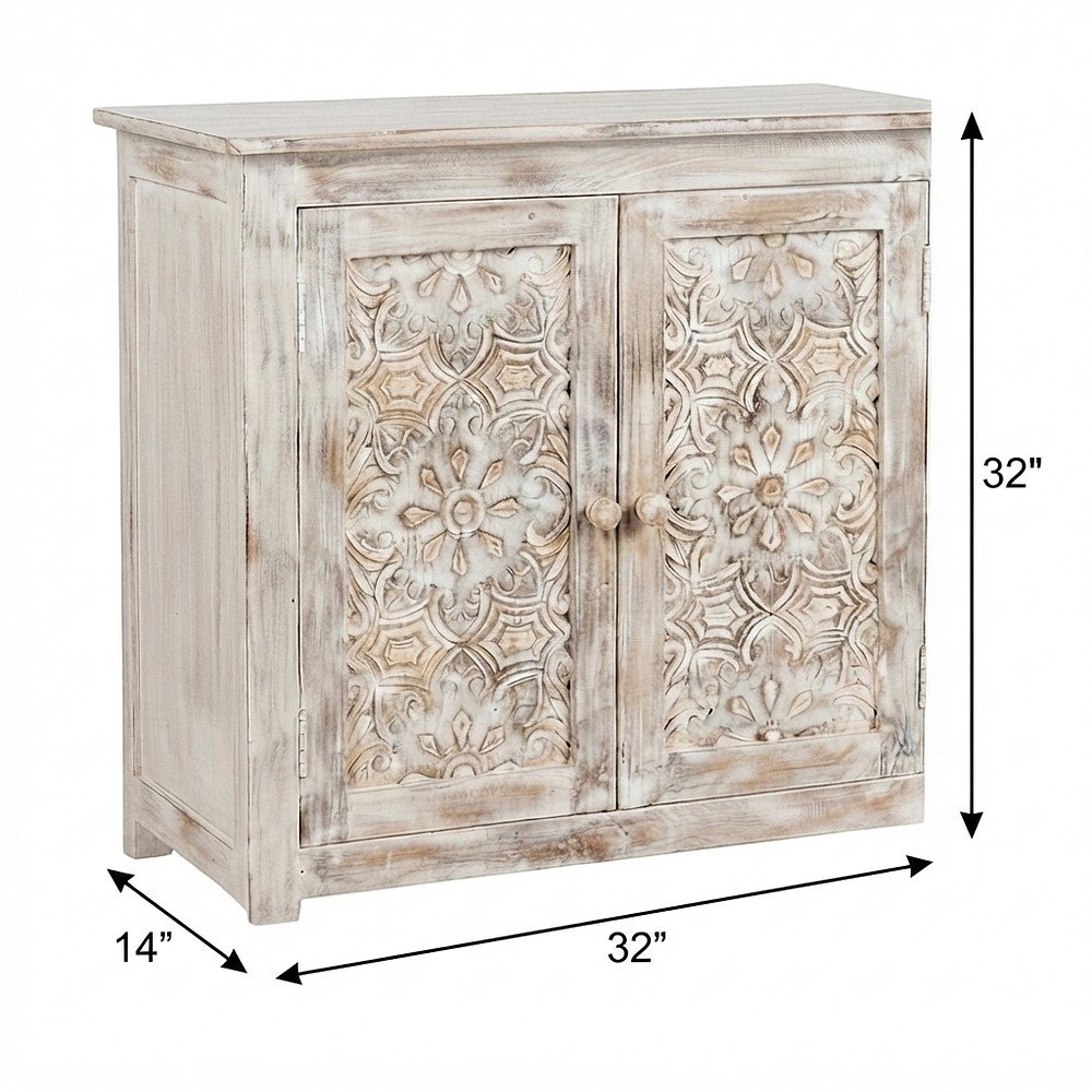 Hand Carved Mango Wood 2-Door Accent Chest and Credenza, Weathered White